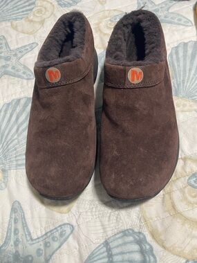 Merrell Brown Suede Shearling-Lined Clog Mules